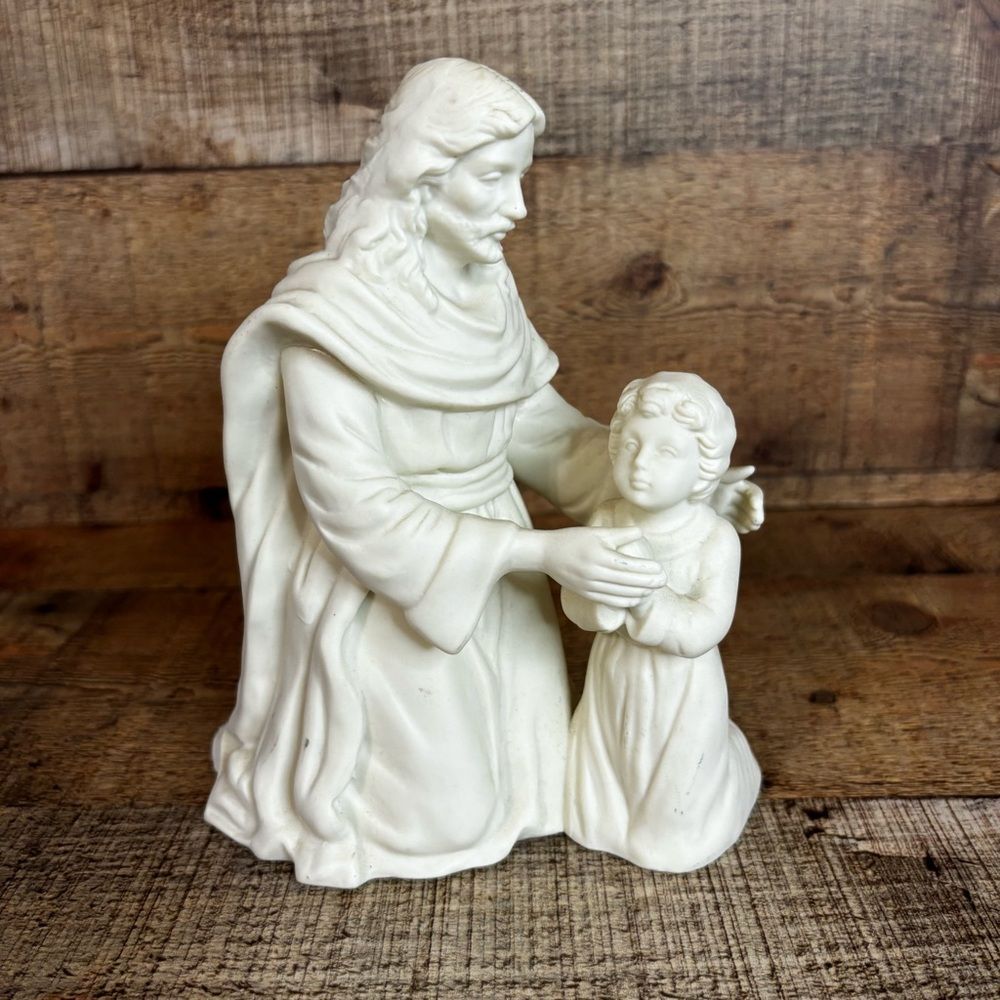 Kneeling Jesus & Child in Prayer White Porcelain Bisque Figurine 7"h Religious